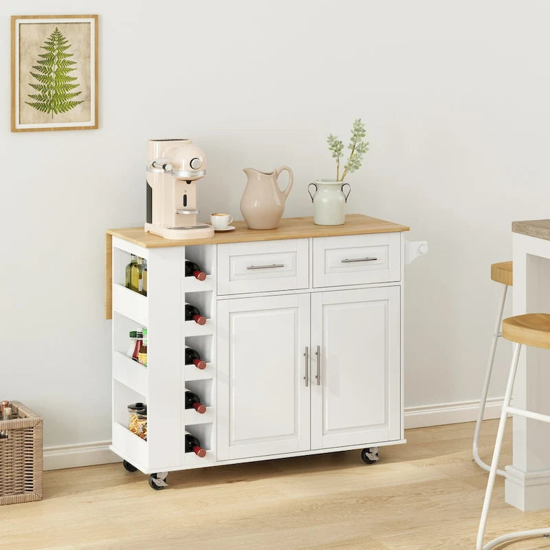 Kitchen Island Cart with Spice Rack, Towel Holder & Wine Rack