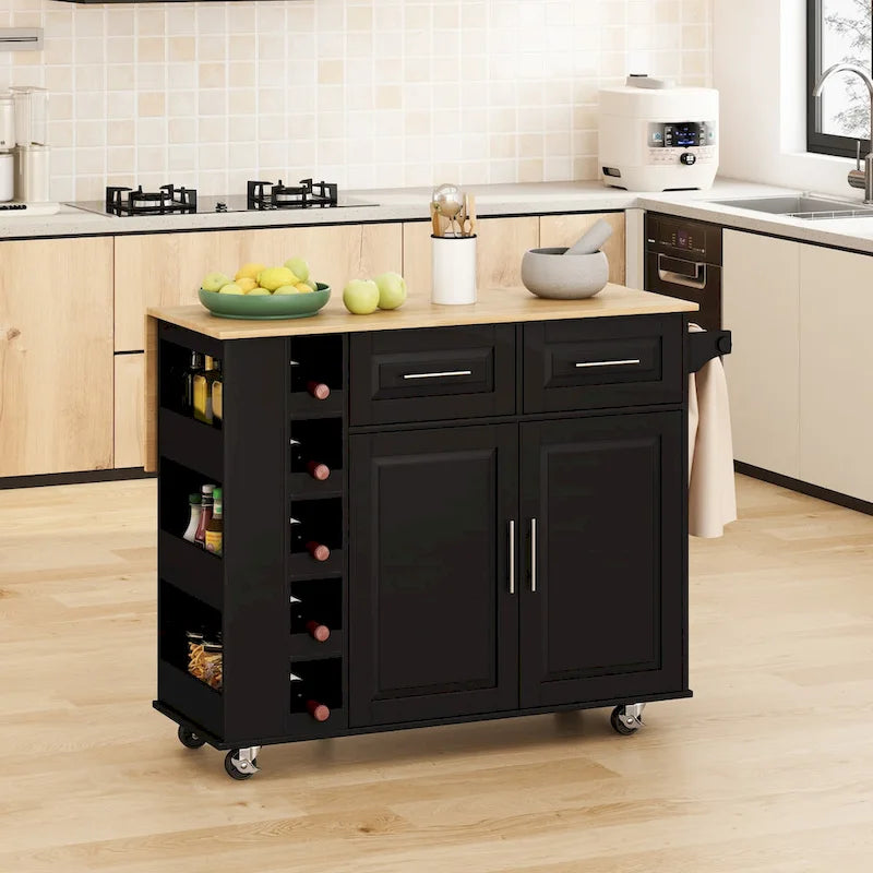 Kitchen Island Cart with Spice Rack, Towel Holder & Wine Rack