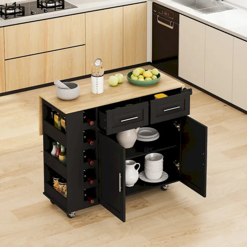 Kitchen Island Cart with Spice Rack, Towel Holder & Wine Rack