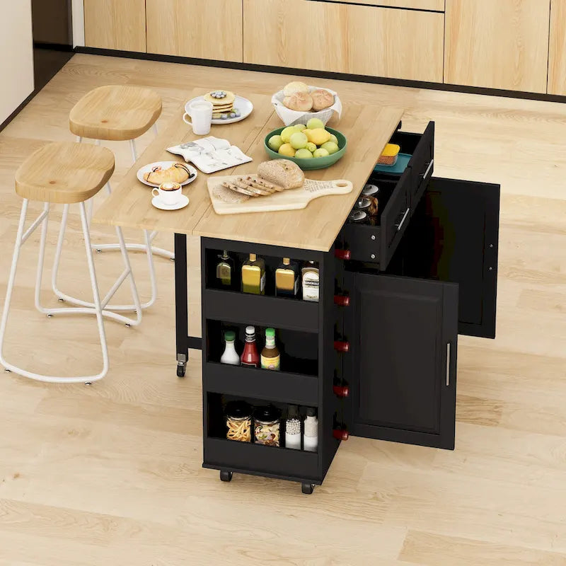 Kitchen Island Cart with Spice Rack, Towel Holder & Wine Rack