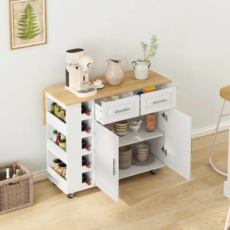 Kitchen Island Cart with Spice Rack, Towel Holder & Wine Rack