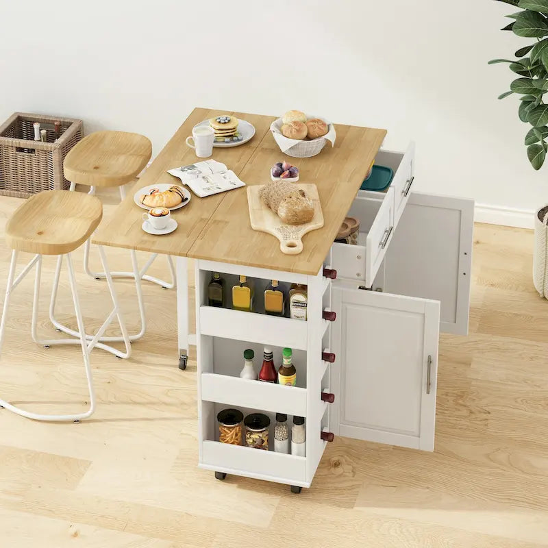 Kitchen Island Cart with Spice Rack, Towel Holder & Wine Rack