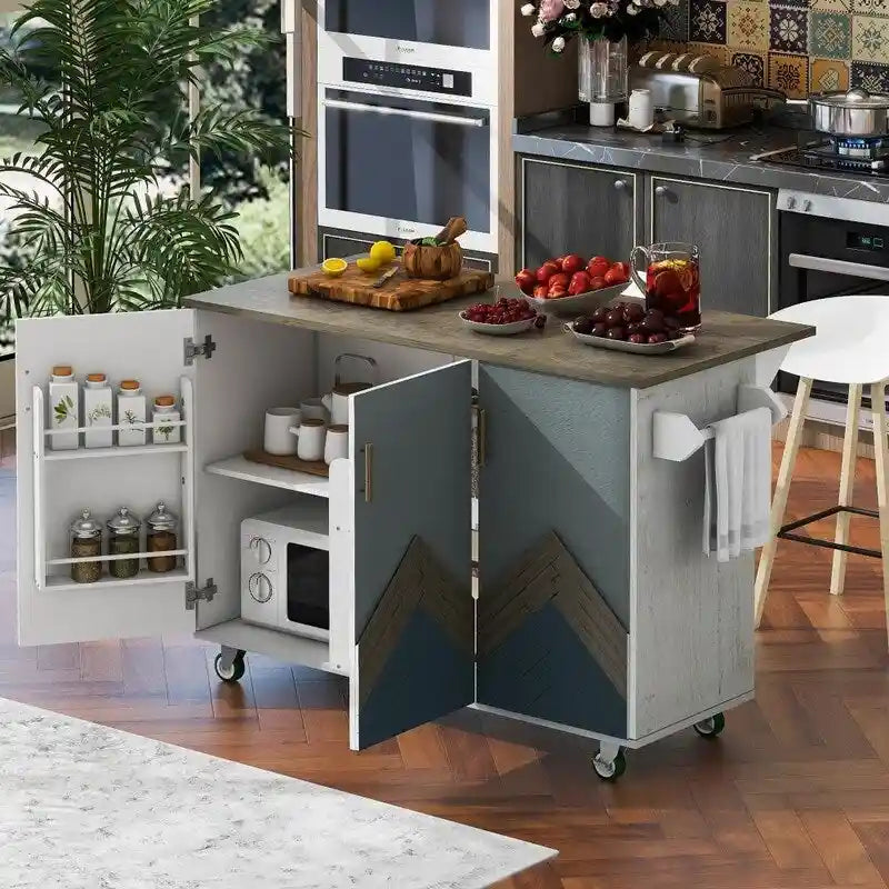 47D Rolling Kitchen Island with Drop Leaf and Internal Storage Rack