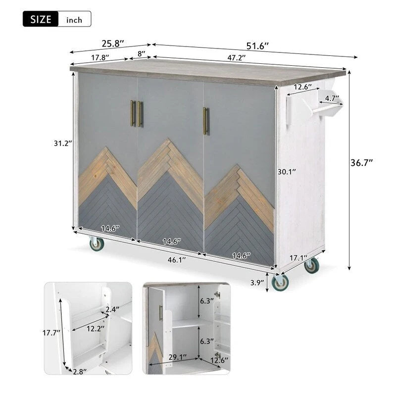 47D Rolling Kitchen Island with Drop Leaf and Internal Storage Rack