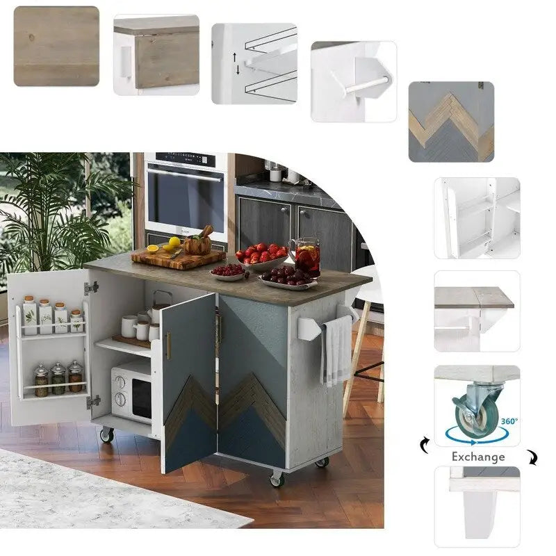 47D Rolling Kitchen Island with Drop Leaf and Internal Storage Rack