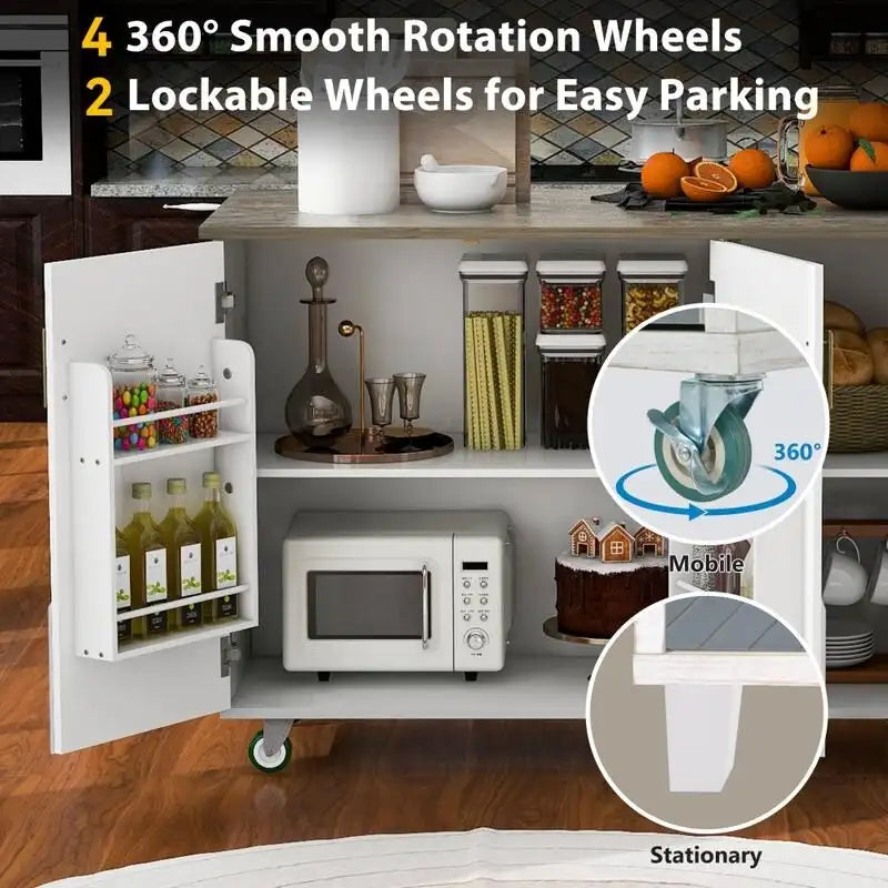 47D Rolling Kitchen Island with Drop Leaf and Internal Storage Rack