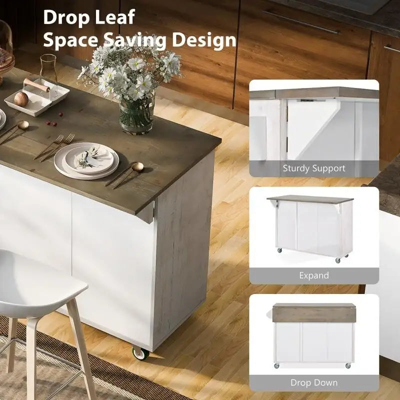 47D Rolling Kitchen Island with Drop Leaf and Internal Storage Rack