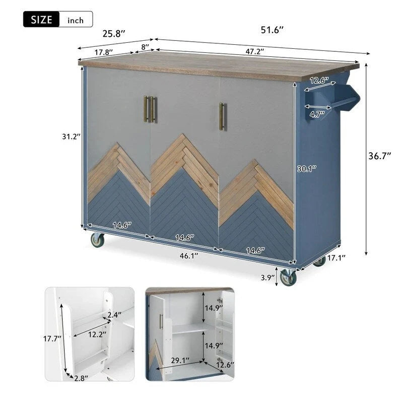 47D Rolling Kitchen Island with Drop Leaf and Internal Storage Rack