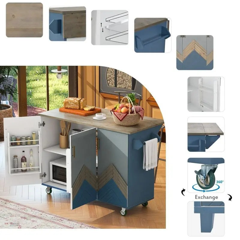 47D Rolling Kitchen Island with Drop Leaf and Internal Storage Rack