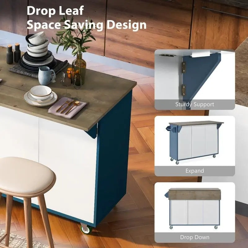 47D Rolling Kitchen Island with Drop Leaf and Internal Storage Rack