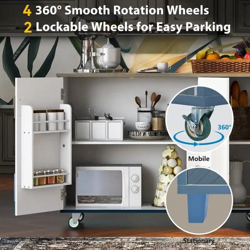 47D Rolling Kitchen Island with Drop Leaf and Internal Storage Rack