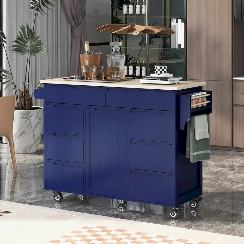 Kitchen Cart with Drop Leaf, Internal Storage Rack, Tableware Organizer, and 8 Drawers
