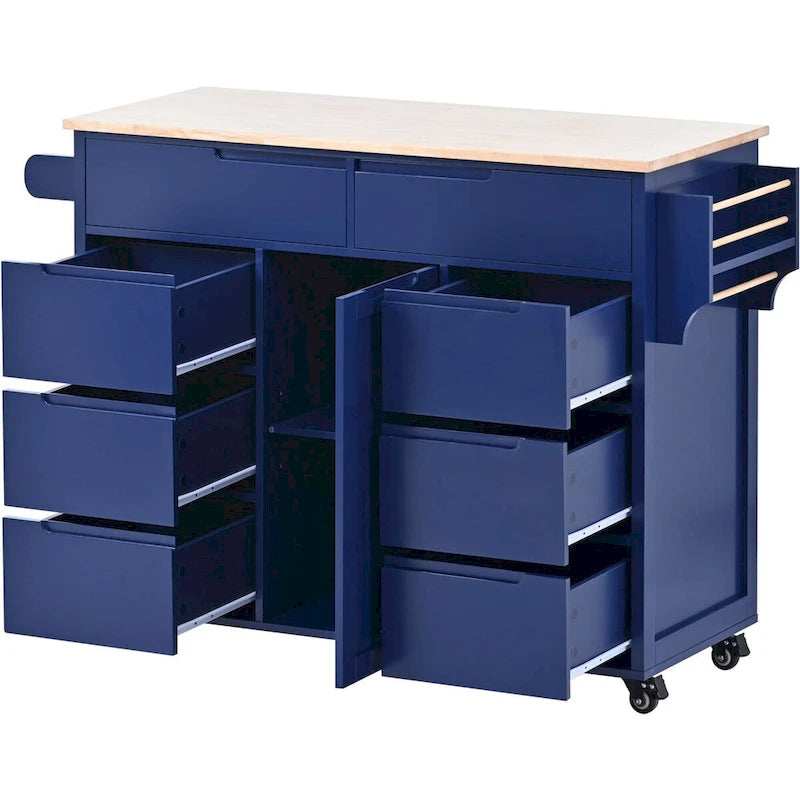 Kitchen Cart with Drop Leaf, Internal Storage Rack, Tableware Organizer, and 8 Drawers