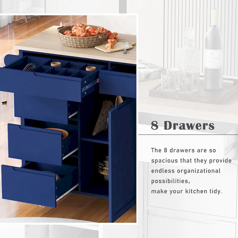 Kitchen Cart with Drop Leaf, Internal Storage Rack, Tableware Organizer, and 8 Drawers