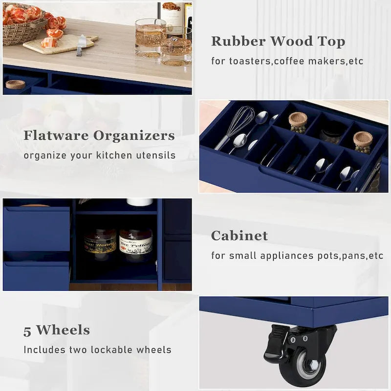 Kitchen Cart with Drop Leaf, Internal Storage Rack, Tableware Organizer, and 8 Drawers