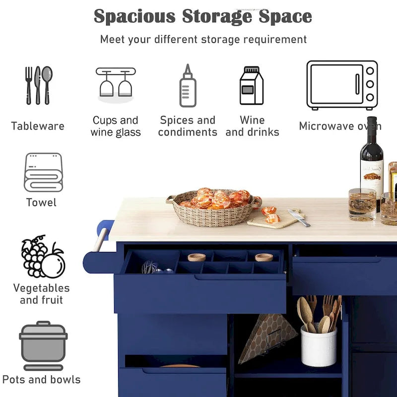 Kitchen Cart with Drop Leaf, Internal Storage Rack, Tableware Organizer, and 8 Drawers