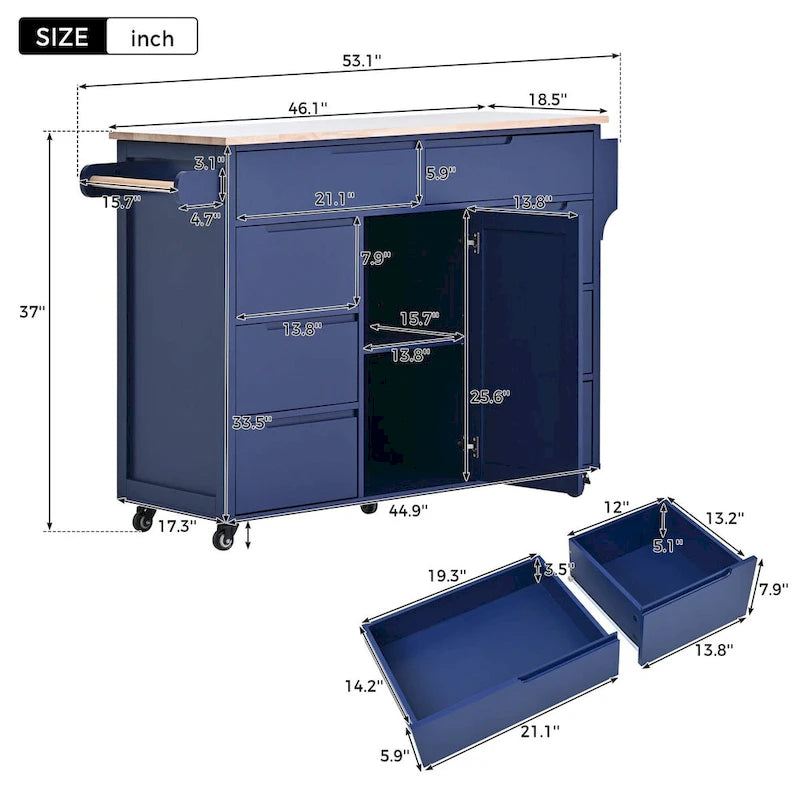 Kitchen Cart with Drop Leaf, Internal Storage Rack, Tableware Organizer, and 8 Drawers