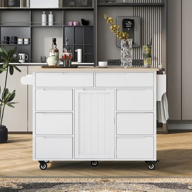 Kitchen Cart with Drop Leaf, Internal Storage Rack, Tableware Organizer, and 8 Drawers