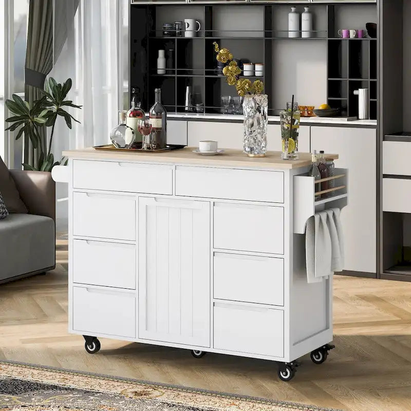 Kitchen Cart with Drop Leaf, Internal Storage Rack, Tableware Organizer, and 8 Drawers