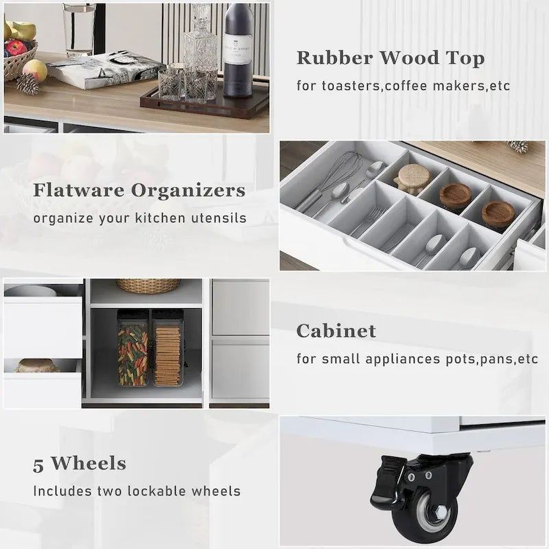 Kitchen Cart with Drop Leaf, Internal Storage Rack, Tableware Organizer, and 8 Drawers