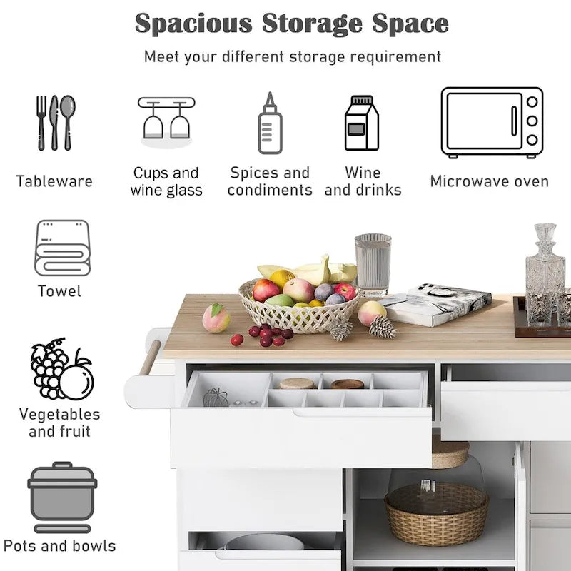 Kitchen Cart with Drop Leaf, Internal Storage Rack, Tableware Organizer, and 8 Drawers