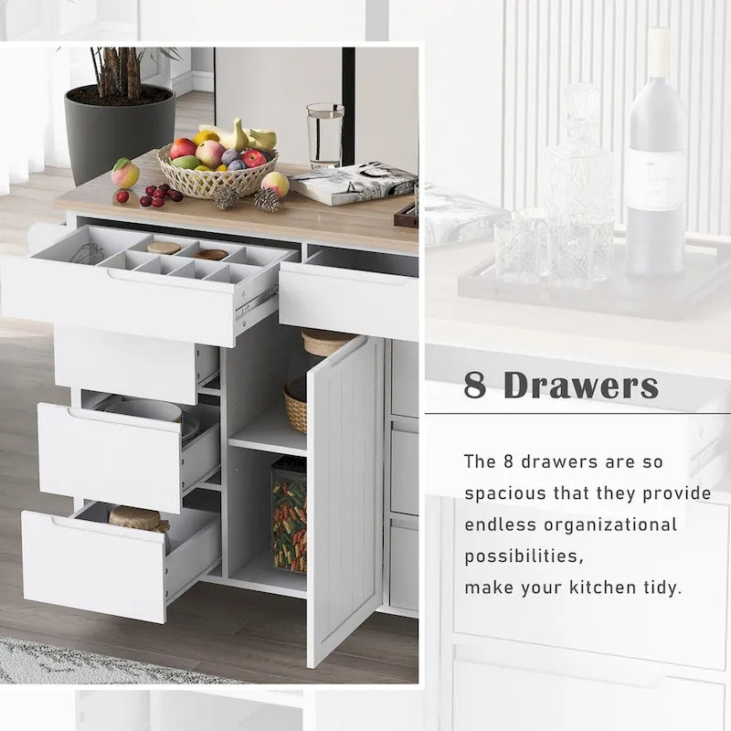 Kitchen Cart with Drop Leaf, Internal Storage Rack, Tableware Organizer, and 8 Drawers