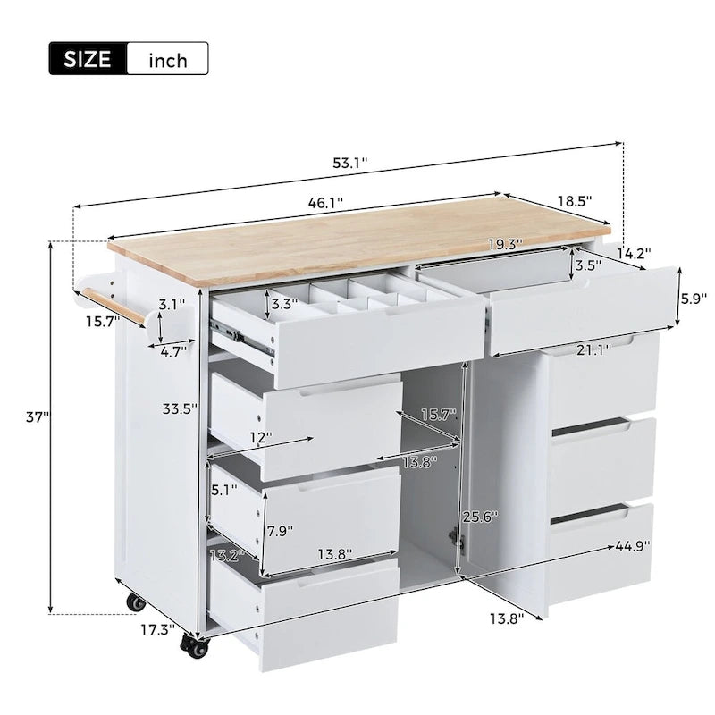Kitchen Cart with Drop Leaf, Internal Storage Rack, Tableware Organizer, and 8 Drawers