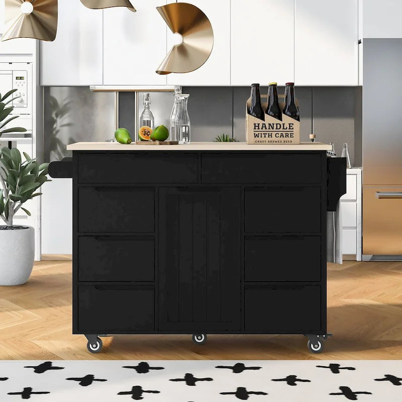Kitchen Cart with Drop Leaf, Internal Storage Rack, Tableware Organizer, and 8 Drawers