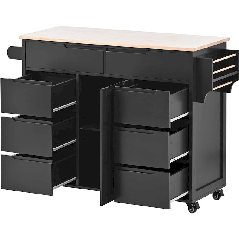 Kitchen Cart with Drop Leaf, Internal Storage Rack, Tableware Organizer, and 8 Drawers