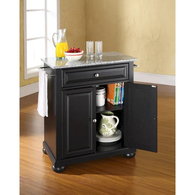 Portable Kitchen Island with Solid Granite Top – Black