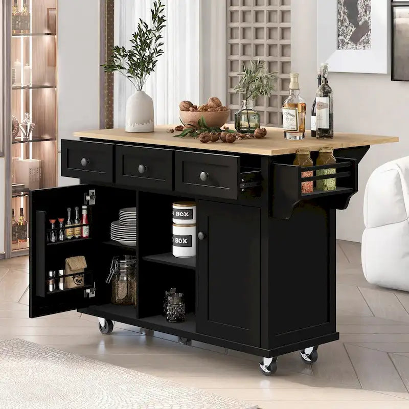 Kitchen Cart with Rubber Wood Drop-Leaf Countertop and Internal Storage Racks