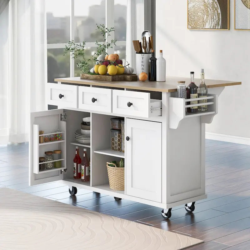 Kitchen Cart with Rubber Wood Drop-Leaf Countertop and Internal Storage Racks