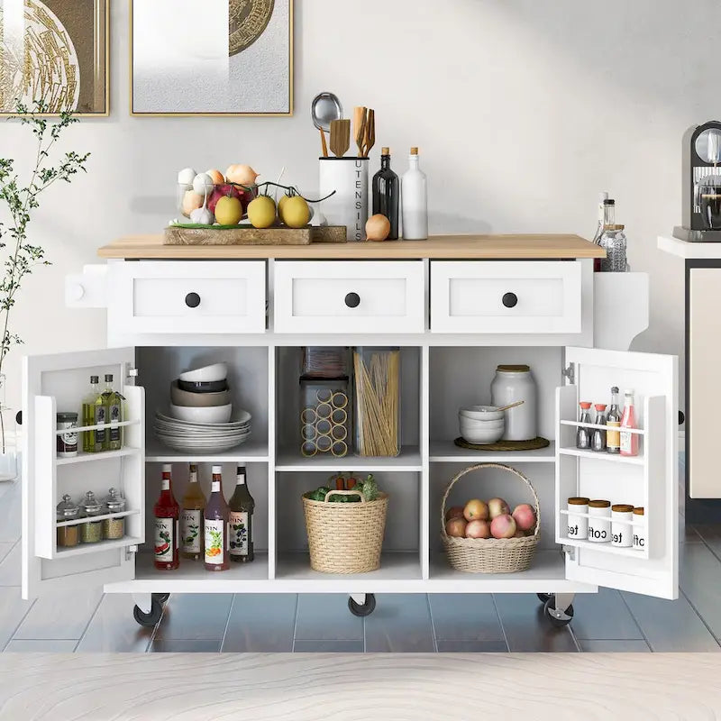 Kitchen Cart with Rubber Wood Drop-Leaf Countertop and Internal Storage Racks