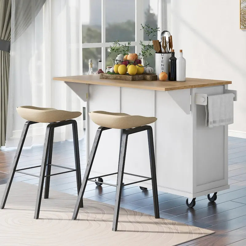 Kitchen Cart with Rubber Wood Drop-Leaf Countertop and Internal Storage Racks