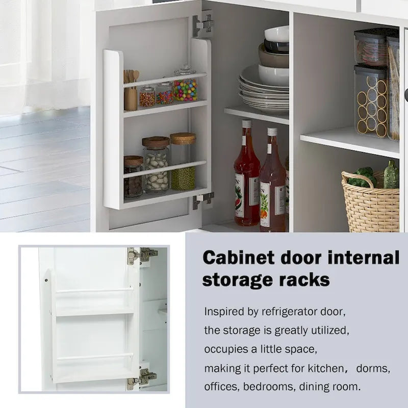 Kitchen Cart with Rubber Wood Drop-Leaf Countertop and Internal Storage Racks