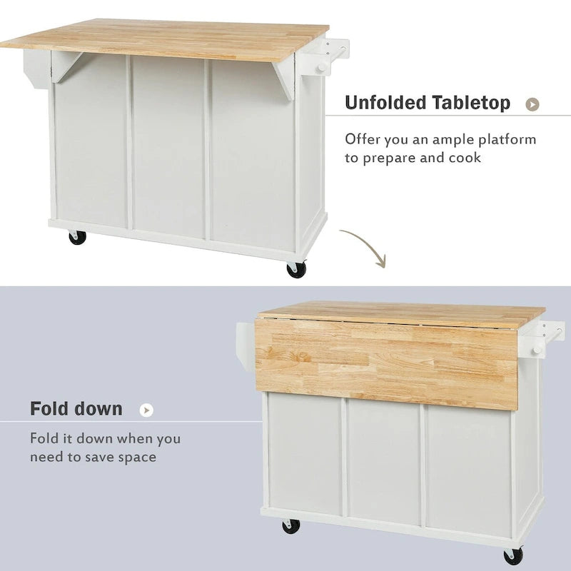 Kitchen Cart with Rubber Wood Drop-Leaf Countertop and Internal Storage Racks