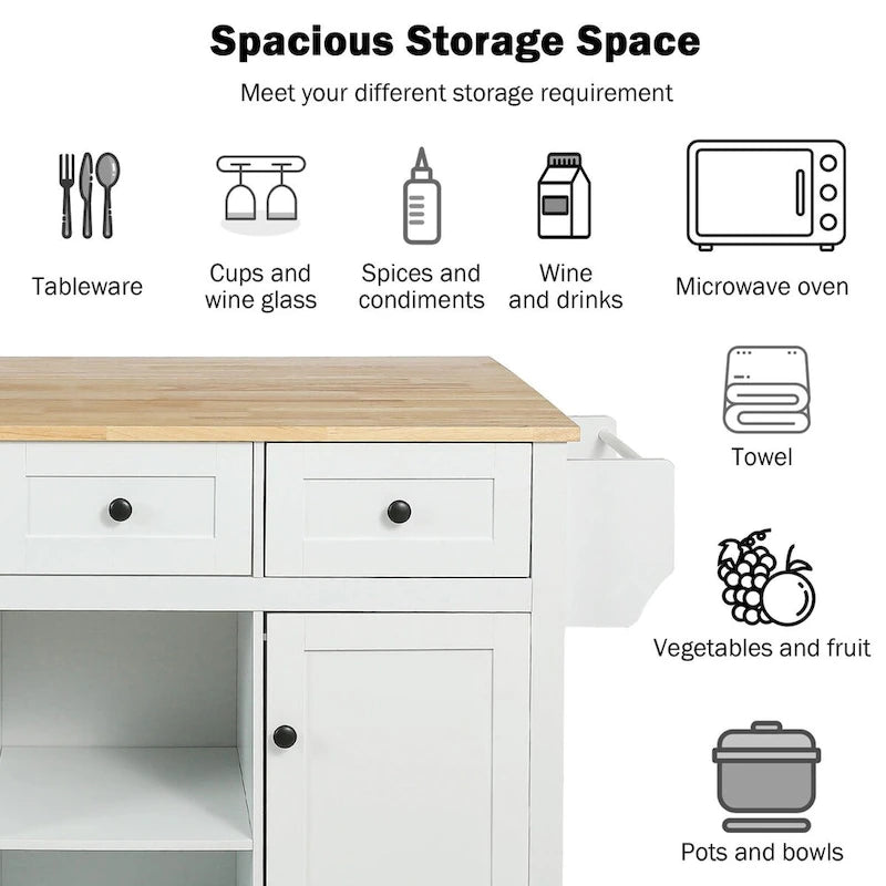 Kitchen Cart with Rubber Wood Drop-Leaf Countertop and Internal Storage Racks