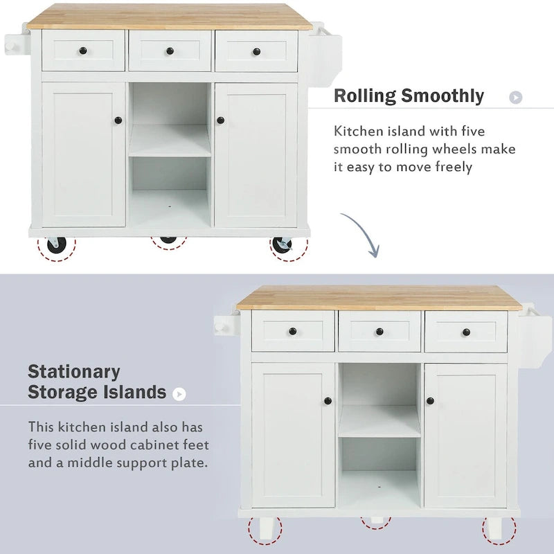 Kitchen Cart with Rubber Wood Drop-Leaf Countertop and Internal Storage Racks