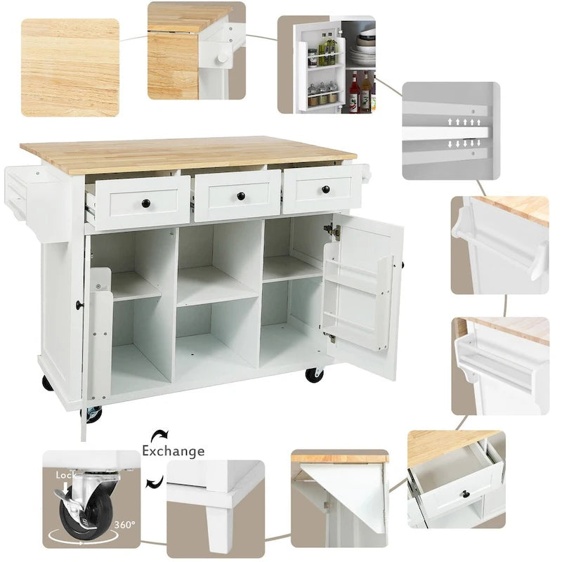 Kitchen Cart with Rubber Wood Drop-Leaf Countertop and Internal Storage Racks