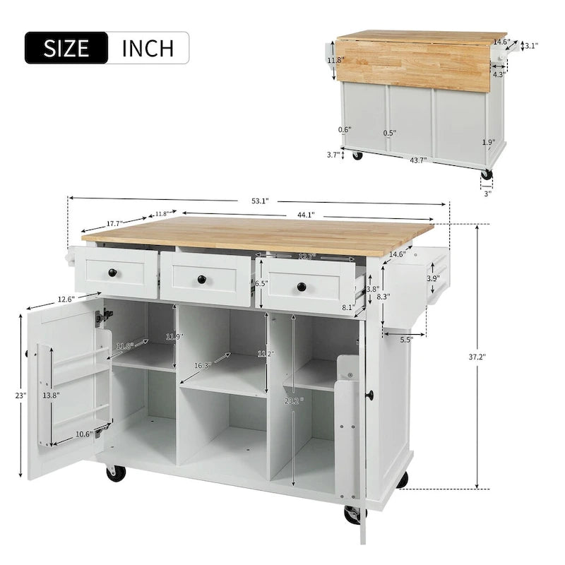 Kitchen Cart with Rubber Wood Drop-Leaf Countertop and Internal Storage Racks