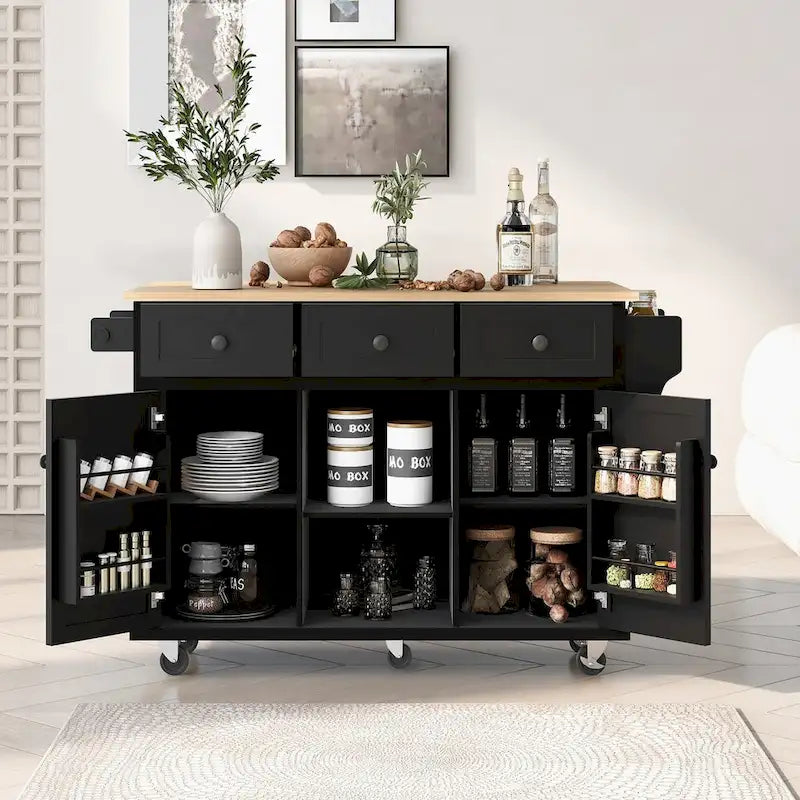 Kitchen Cart with Rubber Wood Drop-Leaf Countertop and Internal Storage Racks
