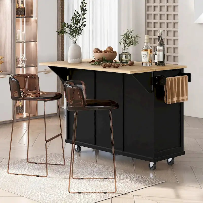 Kitchen Cart with Rubber Wood Drop-Leaf Countertop and Internal Storage Racks