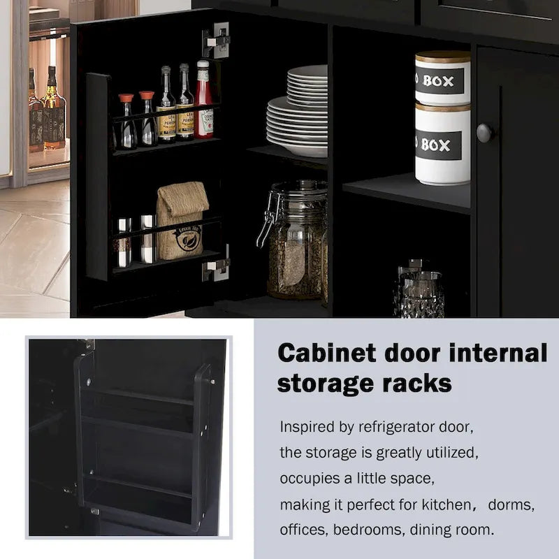 Kitchen Cart with Rubber Wood Drop-Leaf Countertop and Internal Storage Racks