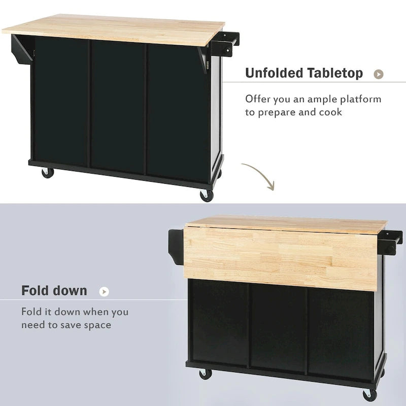 Kitchen Cart with Rubber Wood Drop-Leaf Countertop and Internal Storage Racks