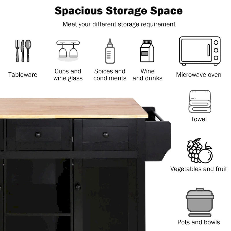 Kitchen Cart with Rubber Wood Drop-Leaf Countertop and Internal Storage Racks