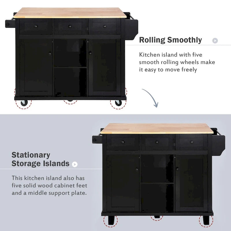 Kitchen Cart with Rubber Wood Drop-Leaf Countertop and Internal Storage Racks