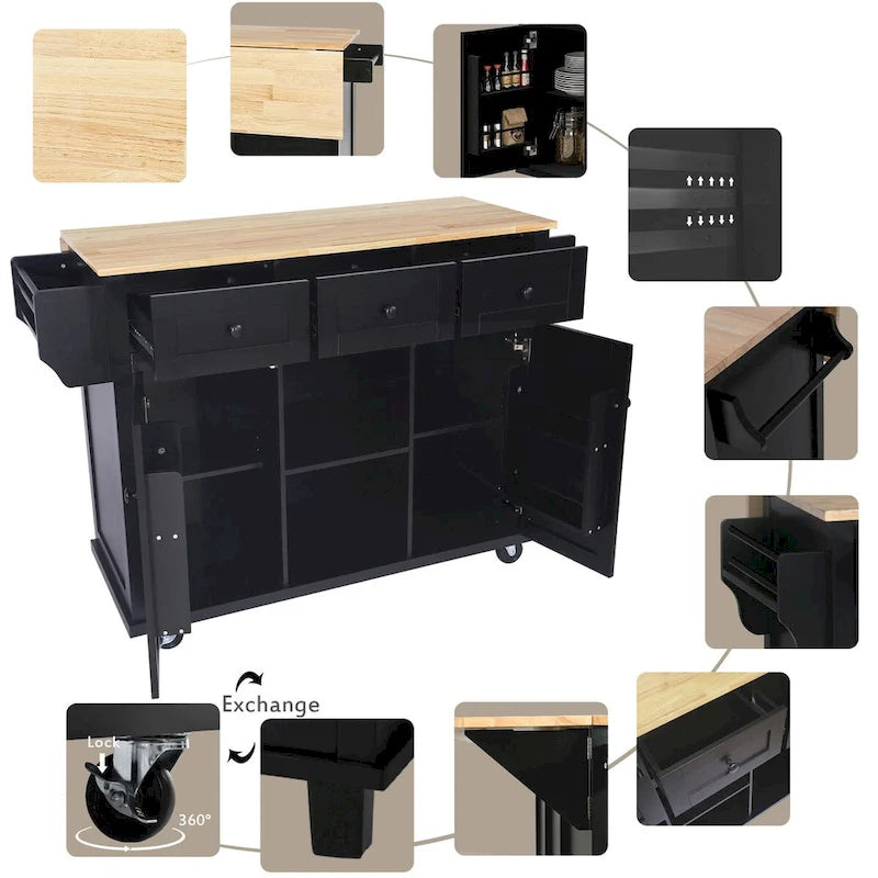 Kitchen Cart with Rubber Wood Drop-Leaf Countertop and Internal Storage Racks