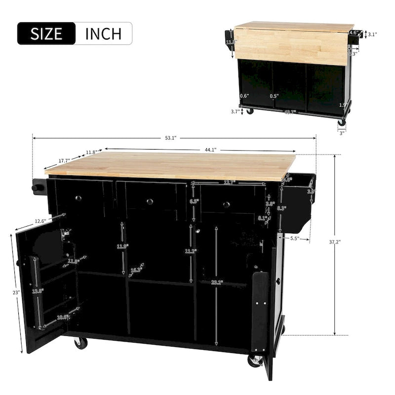 Kitchen Cart with Rubber Wood Drop-Leaf Countertop and Internal Storage Racks