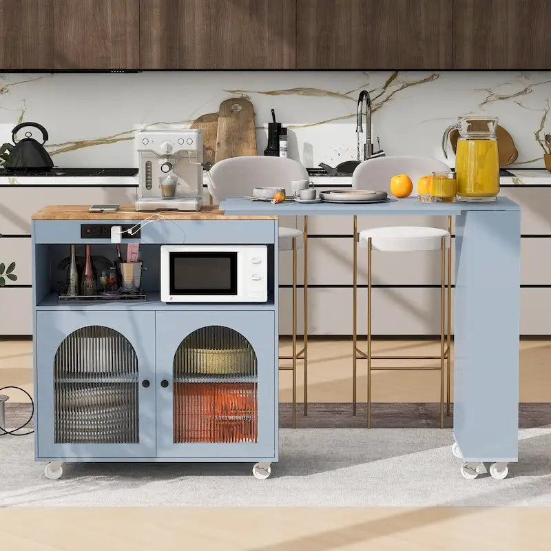 Rolling Kitchen Island with Movable Extended Table, Wheels, LED Lights, Power Outlets & Fluted Glass Doors