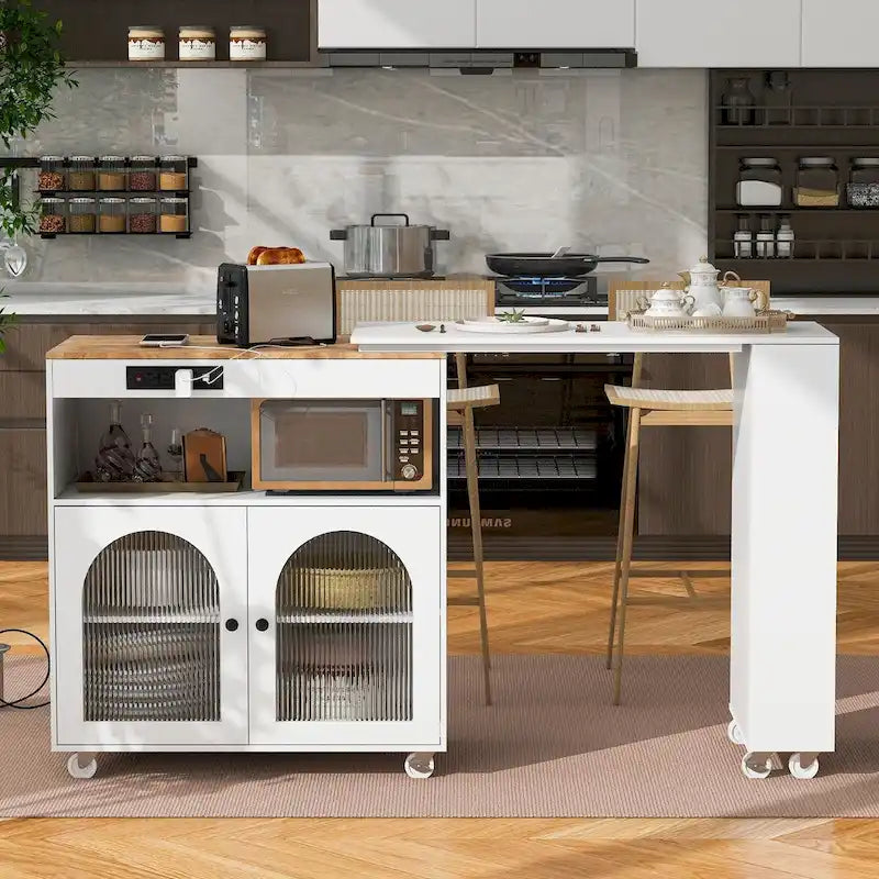 Rolling Kitchen Island with Movable Extended Table, Wheels, LED Lights, Power Outlets & Fluted Glass Doors